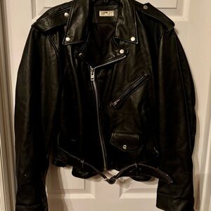Men’s 1990s Vintage Real Leather Biker Jacket, Black Moto Style, Zip Pockets